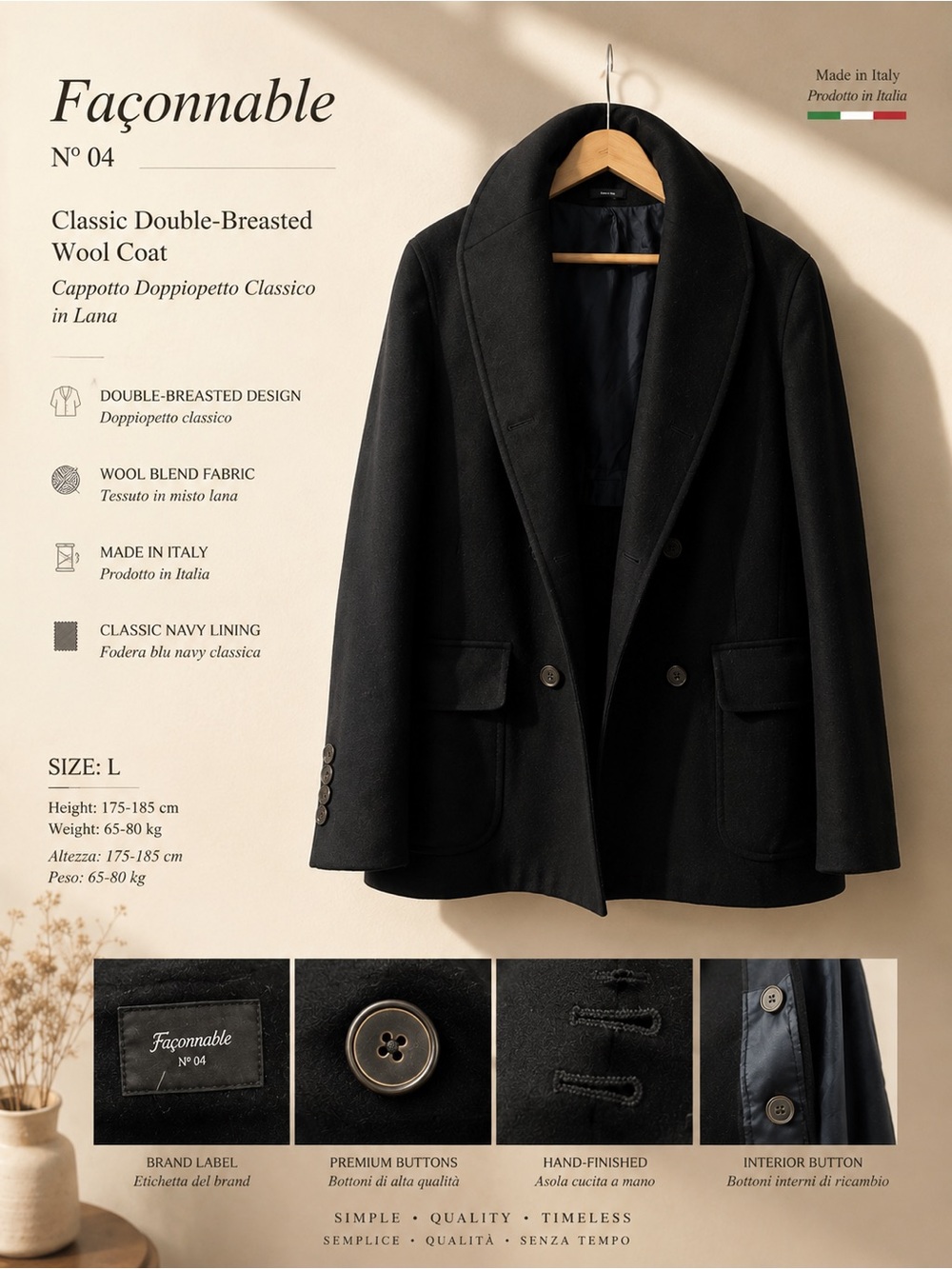 Faconnable Black Coat with Branded Interior Label